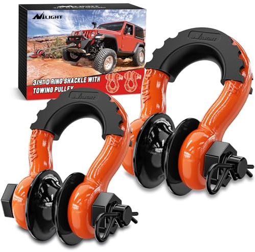 Nilight Lot de 2 manilles à Anneau en D de 1,9 cm avec poulie de remorquage – 4,75 tonnes (4,309 kg) – Goupille de 2,2 cm – Manilles de récupération Tout-Terrain avec isolateurs de rondelles pour