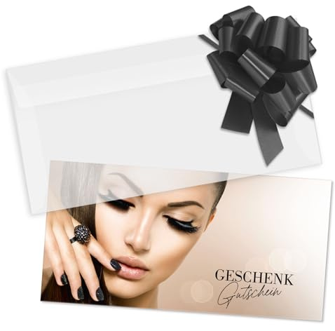 GESCHENKGUTSCHEINcom by POS-HAUER. Gutschein-Set. 10x Gutschein + Kuvert + Schleife. Für Kosmetikinstitut Wimpernverlängerung Kosmetik, blanko zum selber Ausfüllen.