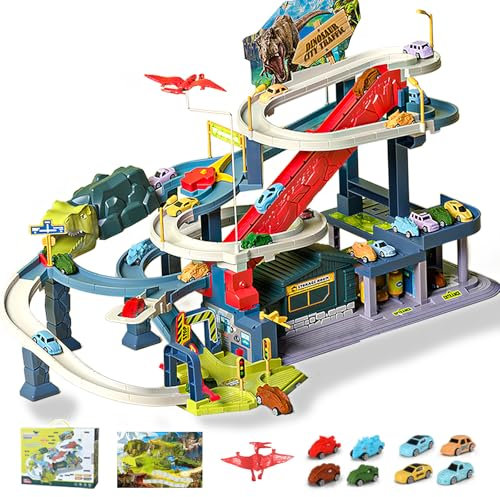 Joy Depot Dinosaurier Spielzeug Rennstrecken Spielset mit 7 Ebenen 8 Autos, Autorennbahn Parkhaus Garage City Streckenset Autobahn für Kinder ab 3 4 5 6 Jahren