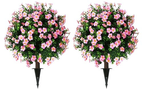 Sunnyglade 2 Stück künstliche Buchsbaum-Formschnitt-Kugelbäume mit rosa Blume, künstliche Strauchsträucher mit Erdspieß, 64,8 cm, UV-beständige gefälschte Buchsbaumpflanzen für Innenbereich, Garten,