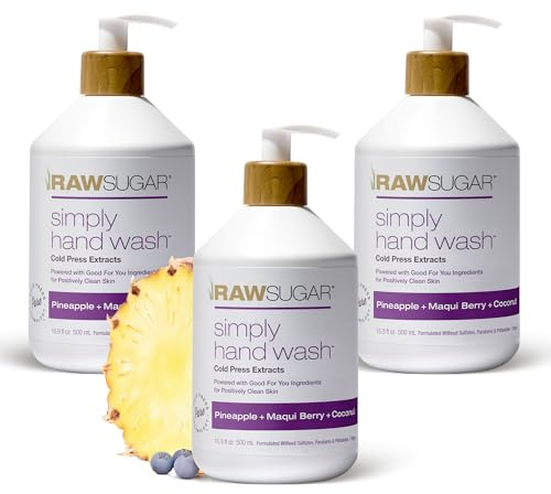 RAW SUGAR 3-Pack Liquid Hand Soap, Moisturizing with Fruity Aroma, Formulated without Parabens, Cruelty Free & Vegan - 16.9 Fl. Oz (Pineapple + Maqui Berry + Coconut)
