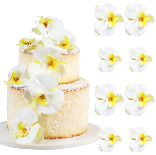 8Stk Künstliche Phalaenopsis Kuchen Toppers Gelb Weiß Schmetterling Orchidee 3D Blumen Kuchen Dekorationen für Blumen Hochzeit Braut Verlobung Frauen Geburtstag Muttertag Party Dekoration Zubehör