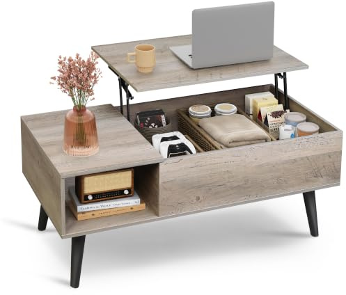 WLIVE Tavolino Sollevabile, Tavolino da Salotto con Portaoggetti Nascosti e Scomparti Aperti, Trasformabile in Tavolo da Pranzo per Soggiorno, Ufficio, 100 x 50 x 41-57cm, Quercia bianca