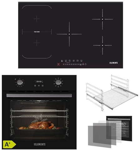 KB ELEMENTS Kit de cuisinière autonome - Four encastrable 60 cm 70 l - Plaque à induction 5 zones - 9 fonctions - Triple vitrage de protection thermique - Fonction rôtissoire - Classe d'efficacité