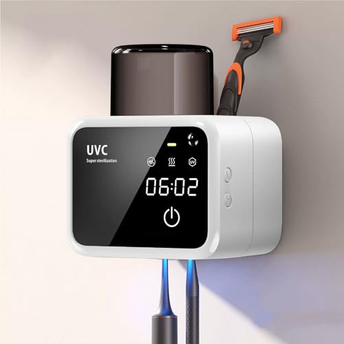 Maxspace Zahnbürstenhalter, UV Zahnbürste Sterilisator zur Wandmontage mit Trocknen, Timer-Funktion, Desinfektions Zahnputzbecherhalter Ohne Bohren mit 2 Zahnbürstenschlitzen (Weiß)