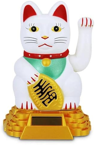 THP DEALS Lucky Cat Waving Moving Arm Solar Power Chinese Oriental Maneki Neko Feng Shui Money Decoration Dancing Cats Chinese Gift, for Welcoming Fortune Luck Wealth Prosperity (White)