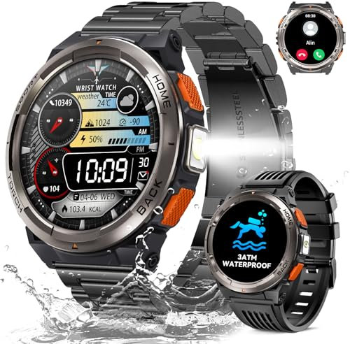 AdivaX Smartwatch Militare Uomo Impermeabile 3ATM con Torcia LED, 1,45 HD Rugged Smartwatch Orologio con Chiamate, Fitness Tracker con 110+ Modalità Sport Bussola Altitudine Barometro SpO2