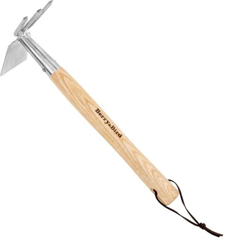Berry&Bird 2IN1 Hand Hoe and Cultivator, Stainless Steel Garden Hand Tiller and Pickaxes with Wooden Handle, 14''/37cm Weeding Hoe for Digging, Loosening Soil, Cultivating, Planting