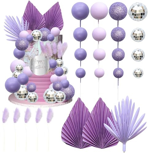 Ephlyn 33 Pack Balls Cake Toppers Boho Palm Leaves Cake Decorations Round Acrylic Happy Birthday Cupcake Toppers for Birthday Wedding Baby Shower Party Supplies Purple