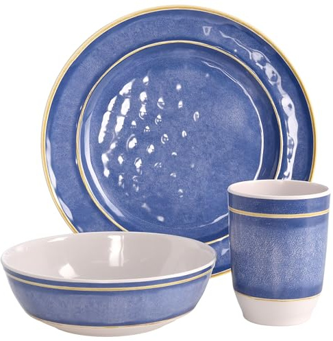 12-tlg. Camping Geschirr Set aus Melamin - wiederverwendbar | Spülmaschinen und mikrowellengeeignet - Kunststoffteller - Becher - Müslischalen aus Melamin - Picknick-Geschirr