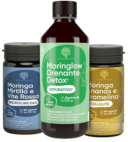 Trattamento Naturale Detox Gambe Leggere 3 in 1 | Drenante Liquido Moringlow, Bromelina 5000 GDU, Mirtillo Nero e Vite Rossa | con Moringa BIO | Contro Gonfiore, Cellulite e Gambe Pesanti – RedMoringa
