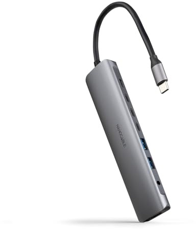 NANOCABLE 10.16.4608 - Hub USB-C 8 en 1, Conversor USB-C 3.1 a 2xUSB-A 3.0 + 3xUSB-C 3.0 + USB-C PD + HDMI 4K@60Hz + Audio Jack 3.5, Aluminio, Gris, 18 cm