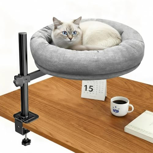 homegroove Katze Schreibtisch Bett, Katze Bett für Schreibtisch mit 360 ° Drehung & Höhenverstellbar, mit weichem Kissen, 40 Pfund robuster Stahlrahmen, abnehmbar & waschbar (Grau)