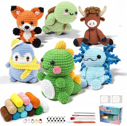 6PCS Animals Crochet Kits for Beginners Adults with Detailed Video Tutorial | DIY Crochet Animals Kit for Kids, Complete Knitting Set, Soft Yarn Quality, Cute Finished Products, Manual Lovers Gifts