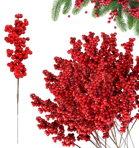ZoneYan Bayas Artificiales de Acebo, 30 Piezas Decoración Artificiales de Bayas Rojos, Bayas de Acebo Navidad, Bayas Artificiales Decorativas, Adornos de Tallo de Bayas de Acebo Rojo de Navidad