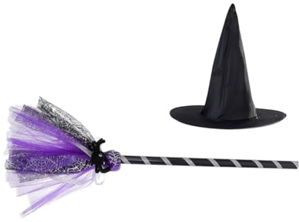 SOPOTUTU Sombrero y Escoba de Bruja Morada para Cosplay Halloween Accesorios y Reutilizables para Fiestas y Sesiones de Fotos Temáticas