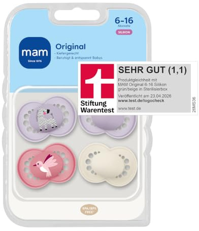 MAM Original Schnuller 6-16 Monate, 4er-Set, Zebra/Vogel | Zahnfreundliche symmetrische Sauger-Form aus weichem MAM SkinSoft Silikon, angenehm für empfindliche Babyhaut, 4 im Set