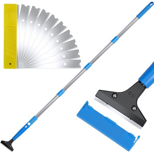 BigKing Grattoir à longue poignée, grattoir pour sol avec tige d'extension à 4 sections, 10 lames remplaçables, résistantes, polyvalentes, pour nettoyage des carreaux, papier peint, débris