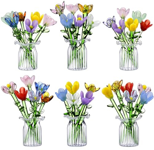 FoldTier 42 Pcs Mini Glass Flower Decoration Hand Blown Glass Flower Figurines Collectible Ornaments with Vase for Mothers Day Birthday Table Centerpiece Garden DIY Craft(Tulip)