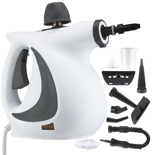 Limpiador a Vapor, 1050W, Calentamiento Rápido, Incluye Juego de Accesorios de 9 Piezas, Adecuado para Muebles Tapizados, Azulejos, Suelos e Interiores de Coche, Gris-Blanco