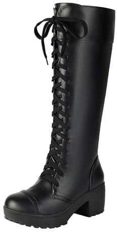 Bottes Hautes pour Femme Elegant Cuir à Lacets Talon Bloc Bout Rond Plateforme Fermeture Éclair Latérale Semelle Antidérapante Style Britannique Bottes Chaussures Décontractée