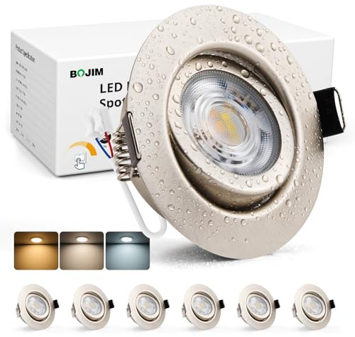 BOJIM Einbaustrahler LED 230V Dimmbar 7W, Nickel Spots 68mm Lochmaß | Einbauleuchten Flach IP44, Metall Warmweiß Kaltweiß Neutralweiß, Deckenspots für Bad Küche Wohnzimmer, 6er