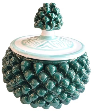 Generico Biscottiera Pigna in Ceramica Dipinta a Mano, Verde con Decorazioni, Altezza 15 cm, Larghezza 15 cm, Lavorazione Artigianale