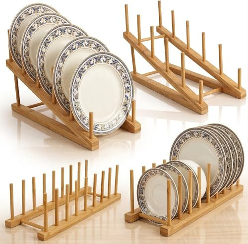 Xygobla 4PCS Wooden Dish Rack,8 Slots Bamboo Cupboards Dish Rack Multifunctional Wooden Plate Racks Stand Pot Lid Holder Dish Drying Kitchen Cabinet Organizer for Cutting Board,Bowl,Pot Lid,Tableware