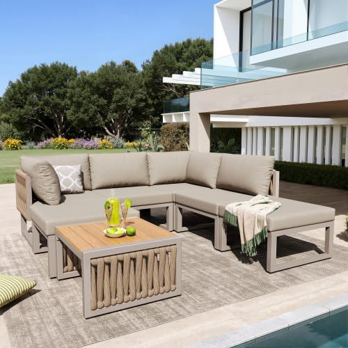 Merax Gartenmöbel Set für 6 Personen – Outdoor Loungesessel mit Verstellbaren Rückenlehnen, Wetterfestes Gartensofa, 5 Stufen, Doppelliege, Sitzkissen & Rückenkissen, Beige