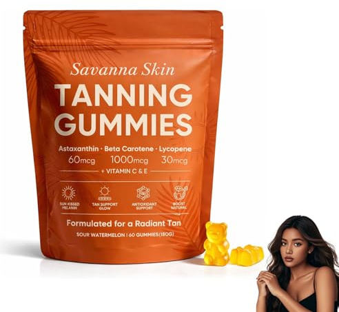 Savanna Skin Tanning Gummies, Fast Tan Without Sun, High Strength Beta Carotene Self Tanning Gummies for Sunless Glow, Sunbed Tanning Accelerator, 60 Capsules (1 Bag)