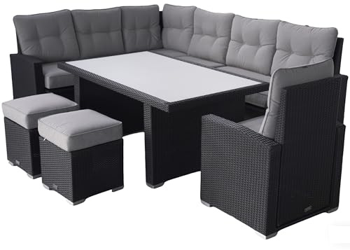 Ragnarök-Möbeldesign Dining Lounge Gartenmöbel PolyRattan – Hohe Sitzgruppe mit Tisch & weiße Glasplatte – Rattan schwarz – Polster Olefin Grau – Deutscher Hersteller