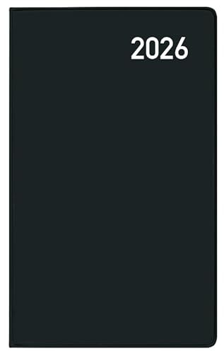 Taschenkalender Pluto geheftet Karton schwarz 2026: Terminplaner mit Monatskalendarium und Uhrzeit. Dünner Buchkalender. 1 Monat 2 Seiten. 8,7 x 15,3 cm