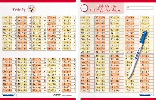 Ich übe alle Subtraktionsaufgaben im Zahlenraum bis 20 mit Stift: Wiederbeschreibbare Lerntafel - 240 Aufgaben mit Selbstkontrolle
