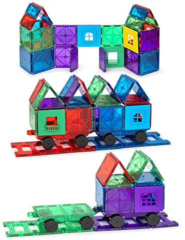 Playmags 50 St Magnetiska Byggplattor För Barn Med 4 Bilar - Starkare 3D Magnetiska Byggklossar - Byggsats & Magnetiska Plattor För Barn - STEM Magnetiska Leksaker