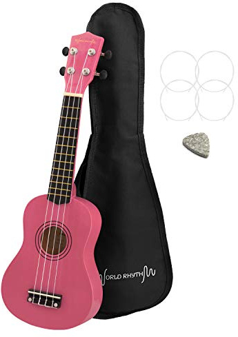 World Rhythm Ukelele soprano para principiantes, acabado en Reino Unido con bolsa de transporte, cuerdas de repuesto para ukelele y púa de fieltro, rosa, estándar