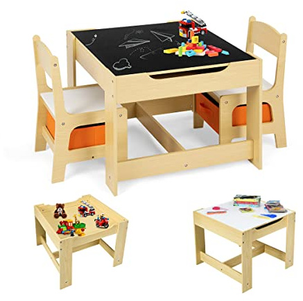 GIANTEX 3 in 1 Tavolo e Sedie per Bambini, Set Mobili di 3 Pezzi Camera, Tavolino Bianco e Nero da Gioco, Multiuso, Cosigliata Età 3-7 Anni, in Legno