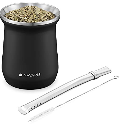 Navaris Mate con Bombilla - Kit de 1x Vaso de Acero Inoxidable 300 ML para Preparar infusión de Yerba Mate 1x Pajita 1x Cepillo de Limpieza - Negro