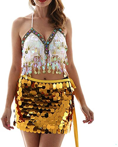 Sttiafay - Rock für Bauchtanz, über dem Knie, mit Pailletten, Meerjungfrau-Stil, zum Umwickeln an der Taille, für Rave, Karneval, Damenkostüm, gold, Einheitsgröße