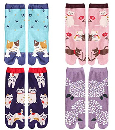 Fendawn Strive 4 Paar Damensocken mit zwei Zehen im japanischen Stil Baumwolle Cosplay Socken Cartoon Socken