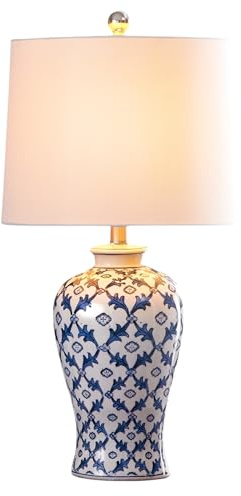 Maxax 25 Blue Ceramic Table Lamp for Living Room, Chinoiserie Bedside Lamp with White Fabric Shade, Coastal Nightstand Lamp for Bedroom, Office, Study