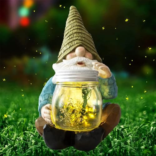 Vcdsoy Solar Firefly Jar Gnome Waterproof, Mothers Day, Birthday Housewarming for Women Mom Grandma, Large Garden Gnome Funny Solar Outdoor LED Lights Resin Statues Lantern Figurines Decorations