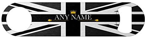 Personalised Union Jack Bottle Opener Bar Blade Black & White Custom Name Stainless Steel Novelty Beer Gift for Him Pubs Home Bar Accessories Garden Man Cave Father's Day Gift Dad