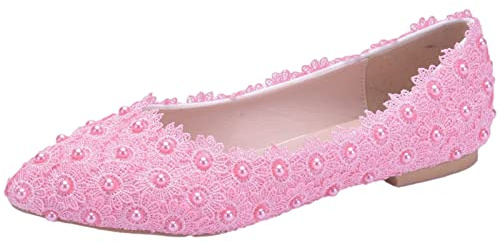 Jamron Dam Elegant spetsig tå blomma spets pärlor brudskor pumpar mjuk sula balettskor, Rosa spetspärla, 38 EU