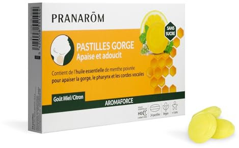 Pranarôm Pranarom | Aromaforce | Pastilles Gorge Miel Citron | Apaise et adoucit la gorge | Vegan | 24 pastilles | à partir de 6 ans