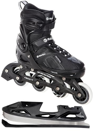 Raven Pulse Inline Skates Inliner für Kinder und Erwachsene OPTIONAL 2in1 mit Schlittschuhen verstellbar (Black mit Kufen, 43-46 (28-30,5cm))