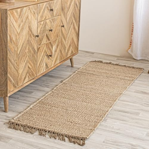 HOMEMONDE Grob geflochtener Jute-Läufer, 60 x 180 cm, mit Quasten, natürlich, handgewebt, rustikaler Vintage-Teppich, ideal für stark frequentierte Bereiche – Eingangsbereich, Küche, Wohnzimmer,