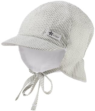 Sterntaler Schirmmütze mit Nackenschutz Streifen und Bindeband - Schirmmütze für Jungen aus gecrashtem Mischgewebe mit Ohrenklappen - Schirmmütze für Babys mit UV -Schutz 50+ - blassgrün, 47