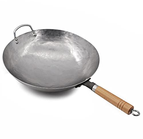 Wok e padelle, Wok in Ferro Forgiato a Mano, Wok Cinese Tradizionale a Fondo Tondo con Manico in Acciaio e Manico in Legno Staccabile per Cucina Professionale,32cm