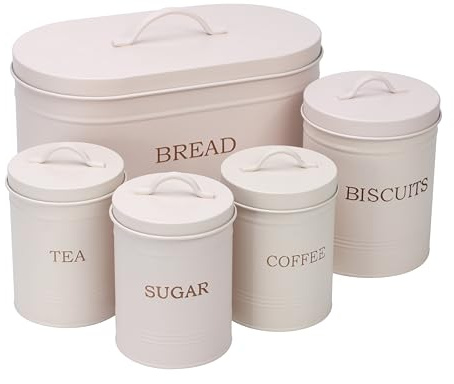 simpa 5PC Vintage Style Matt Cream Metal Kitchen Storage Set Including Oval Bread Bin and Round Biscuit Tin, Tea, Coffee and Sugar Canisters.