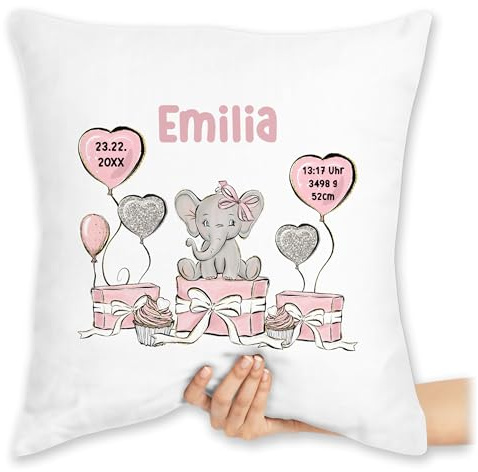Kissen 40x40 Zierkissen - Baby Geschenk zur Geburt Mädchen Elefant personalisiert Name Geburtsdaten I Taufe - 40 x 40 cm - Weiß - personalisierte geburtskissen babygeschenke Geburtsgeschenk